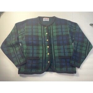 Vintage Tally Ho Sweater Womens Size Small Cardigan Tartan Plaid Blue Green Wool
